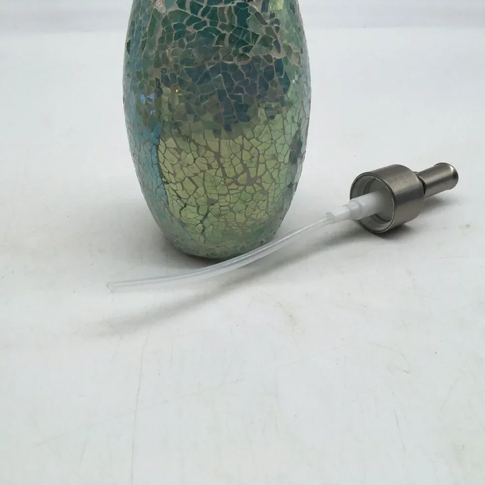 Blue Green Mosaic Glass Silver Tone 8” Soap Lotion Dispenser Never Used READ